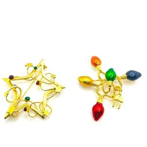 Set of 2 Vintage Christmas Gold Tone, Rhinestones Star, Enamel Light Pin Brooch